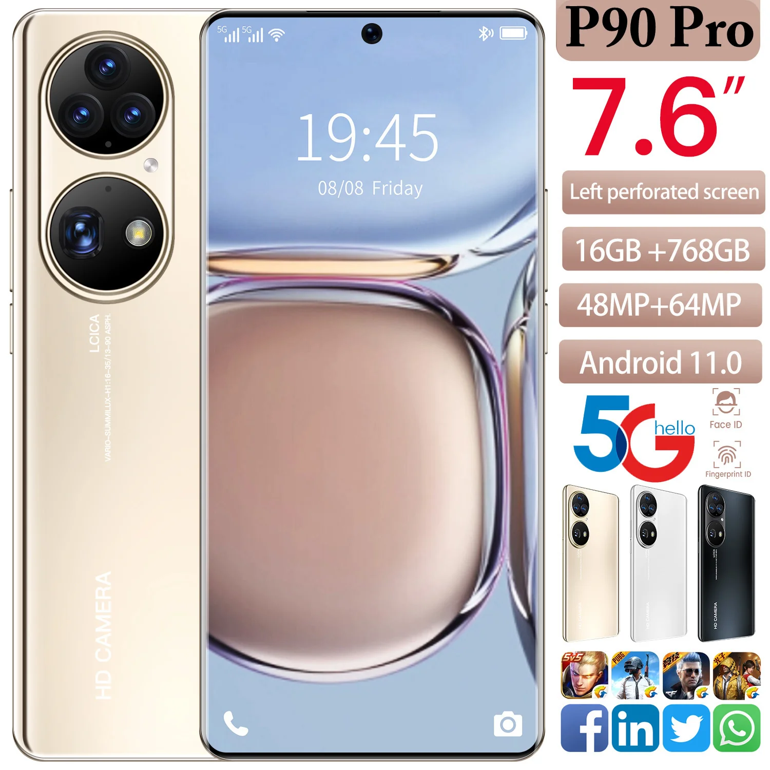 Оригинальный смартфон P90 Pro 16 ГБ ОЗУ 768 Гб ПЗУ 7 6 дюйма настоящий перфорированный HD
