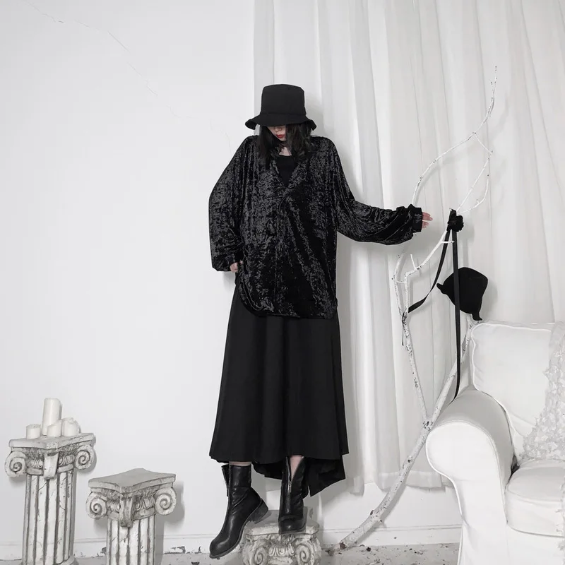 [EAM] Женская Черная Вельветовая длинная блуза большого размера с v образным