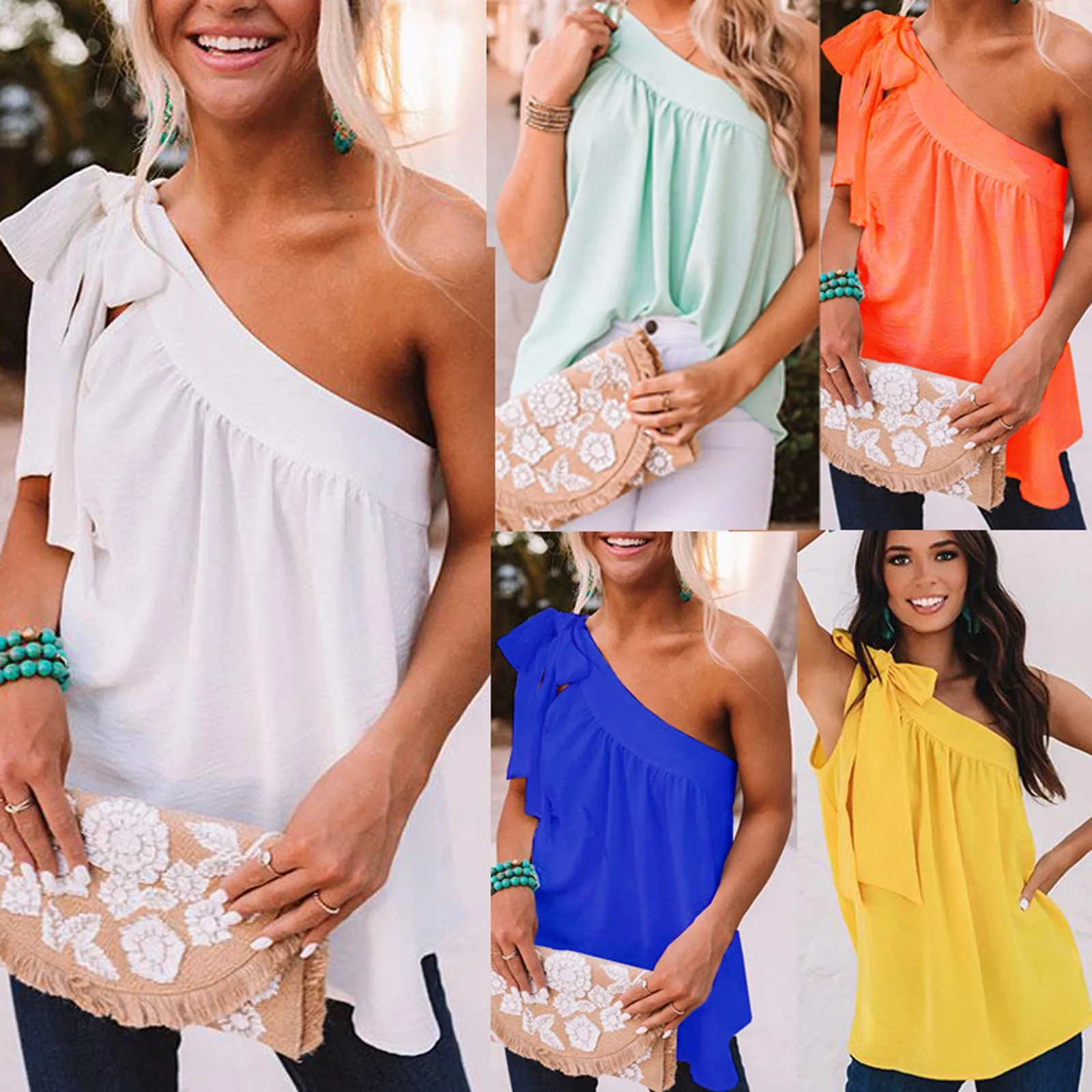 Solid Color Casual Summer Top Big bow decoration Ladies One Shoulder tops Womens Fashion One-shoulder Strappy Top Ladies#G30 1