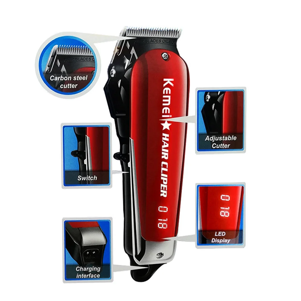 Máquina de Cortar Aparador de Pêlos sem Fio Kemei Cabelo Profissional Elétrica Display Led Lâmina Aço Carbono Cabeleireiro 7 aparador de pêlos sem fio display led