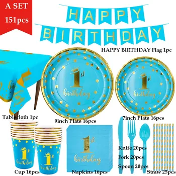 

151pcs/set 1st Birthday Disposable Tableware Blue Paper Plate Cup Napkin Baby Shower Gender Reveal Party Decoration Supplies