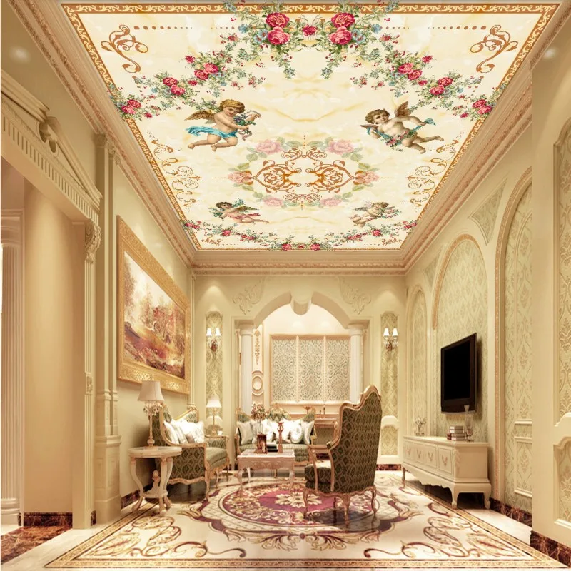 

Drop Ship Custom Wallpaper 3D Stereo Wallpaper Romantic Angel Roses European Ceiling Zenith Frescoes Wallpaper Custom Mural