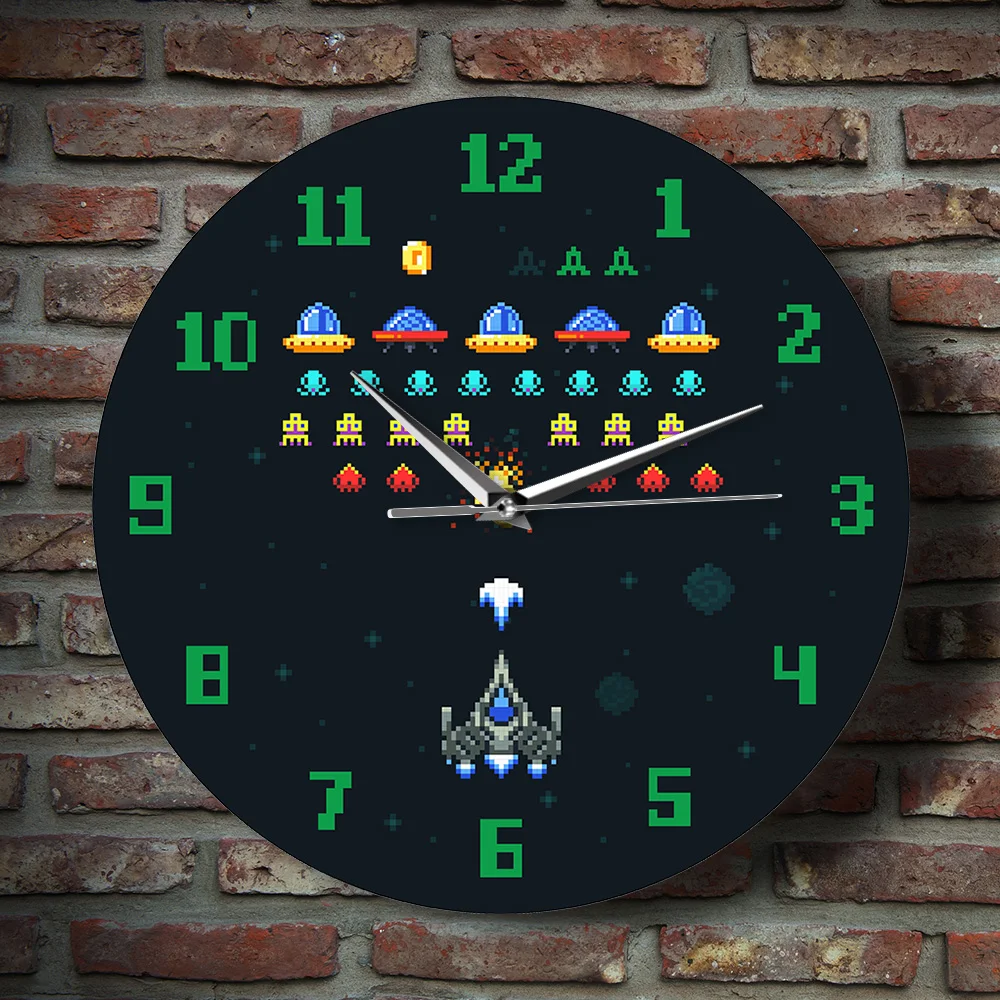 Video Game Space Wall Decor Clock Alien Invader Pixel Spaceship Kids Room Retro Arcade Printed Acrylic Watch | Дом и сад