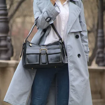 

Double Pockets Women Shoulder Bag Brand Genuine Leather Women Bag\Handbags Elegent Fashion Simple Female Tote Underarm Bag~19B3