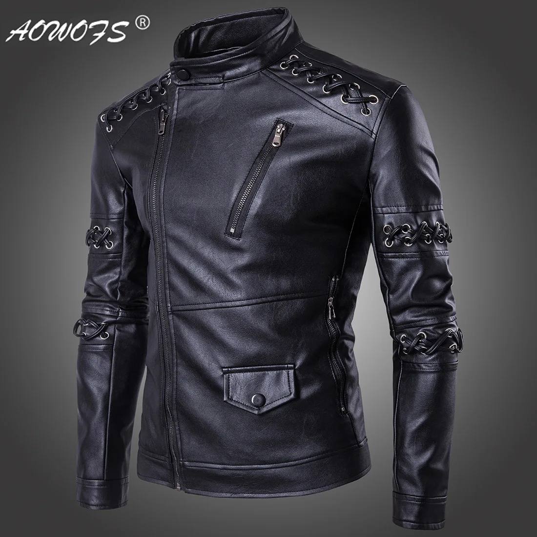 

Fashion Ouma 2019 New Style Cool Braided Rope Stand Collar Men Locomotive Leather Coat MEN'S Leather Coat D099