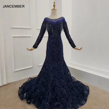 شراءHTL1266 فساتين نسائية لامعة فاخرة على شكل حرف O وأكمام طويلة بأربطة من الخلف وشراشيب أزرق مطرز بالخرز طويل مع فستان حورية البحر طويل