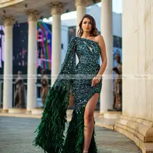 Блестящие Блестки на одно плечо Русалка изумрудно-зеленый, на выпускной, платья с рукавом Разделение перо поезд черного цвета для девочек Выпускной торжественное платье