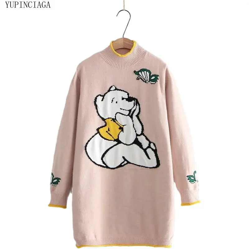 

Cartoon Bear Embroidery Knitted Mid-Length Sweaters 2020 Harajuku Loose Small High Neck Jacquard Sweater Knit Pullover