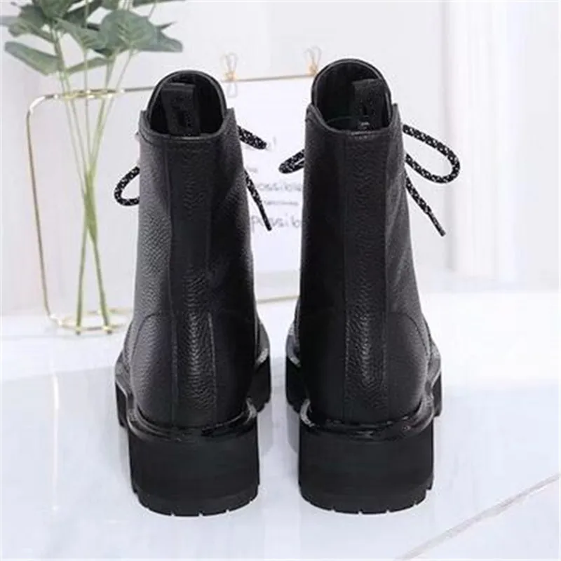 Осенне-зимние ботильоны кожаные женские ботинки короткие ботинки на шнуровке с круглым носком Черная Женская Обувь качественная женская обувь новые ботинки в стиле панк