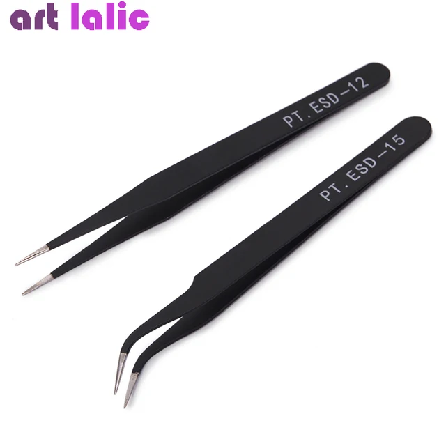 2Pcs Stainless Steel Curved Straight Black Tweezer Nail Art Rhinestones Nipper Picking Tool Sequins Beads 2