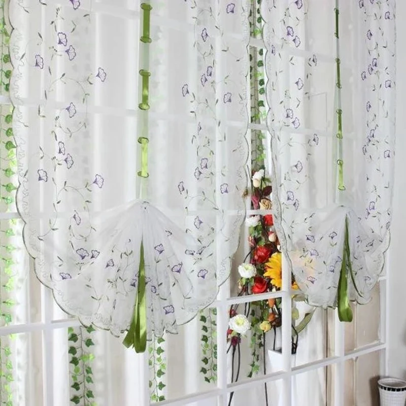 White Voile Embroidery Fabric Tulle Curtains for Kitchen Bedroom Living Room Window Roman Blinds Purple Flower Pattern | Дом и сад