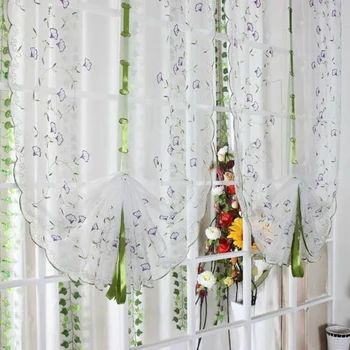 

White Voile Embroidery Fabric Tulle Curtains for Kitchen Bedroom Living Room Window Roman Blinds Purple Flower Pattern