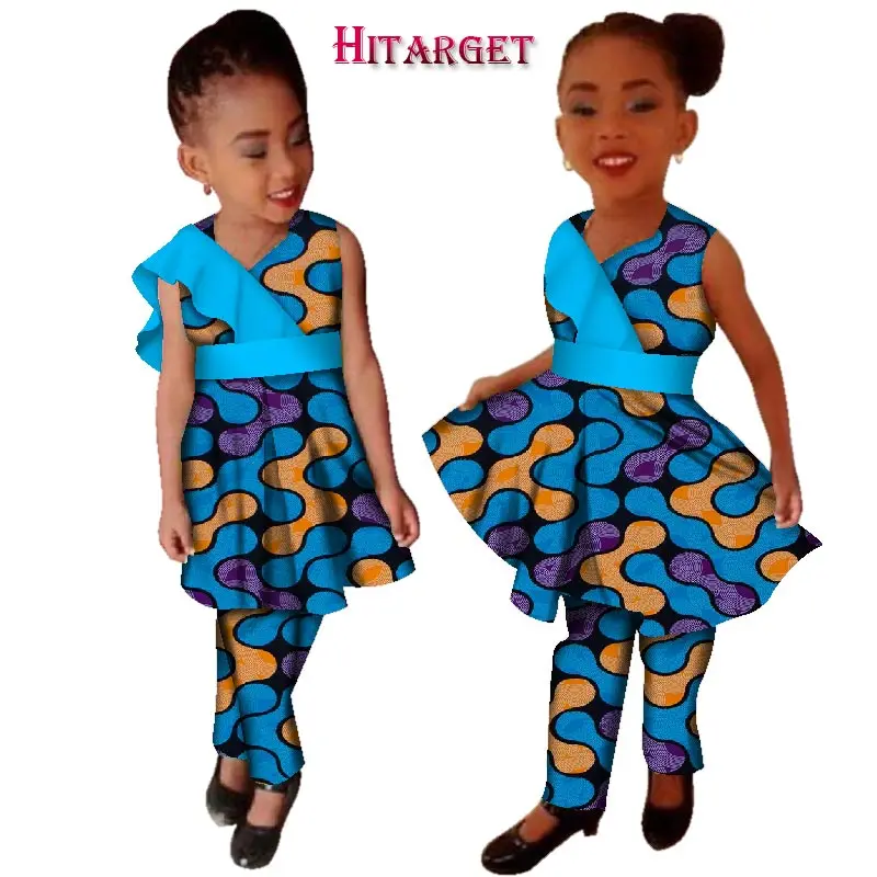 Новинка для девочек, большой размер африканская одежда, платья Vestidos Дашики в африканском стиле Базен Воск Принт сплайс платья и комплекты со штанами, WYT124 - Цвет: 12