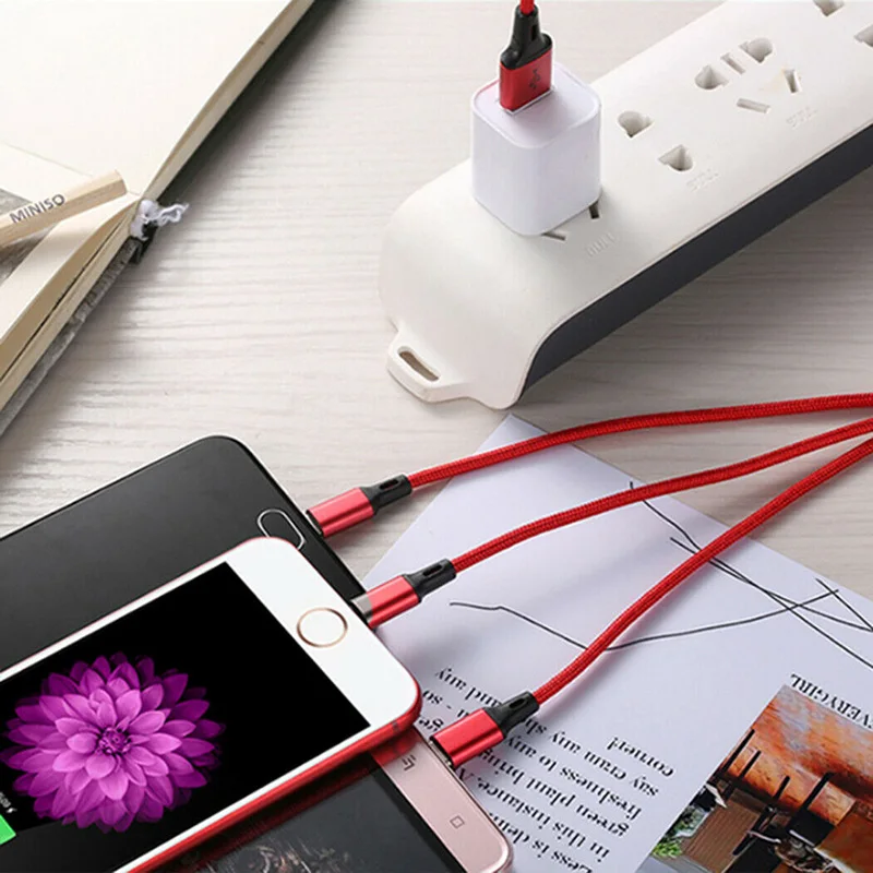 3 в 1 кабель для зарядки с нейлоновой оплеткой быстрой type C Micro USB iphone 7 8 X XR samsung S8 S9