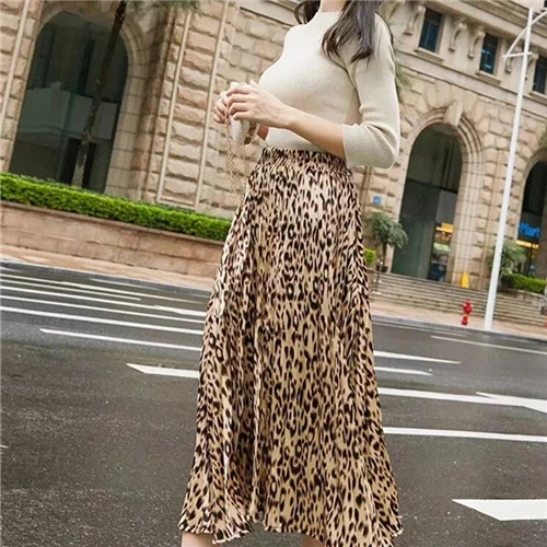 High Fashion Leopard Print Skirts Spring Women Pleated Skirts Elastic High Waist Long Skirt Female Party Holiday Skirt - Цвет: Бежевый