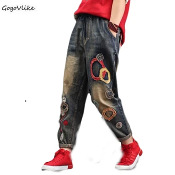 

Autumn European Style Ladies Embroidery Denim Pants Women Casual Ripped Jeans Vintage Elastic Trousers Plus Size SA576S30