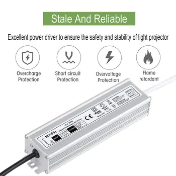 

LED Driver 60 Watts Waterproof IP67 Power Supply Transformer Adapter 100V-265V AC to 12V DC Low Voltage Output with 3-Prong Plug