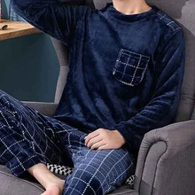 Pijama cálido de franela para hombre, ropa de dormir gruesa de invierno, de manga larga, informal, de lana, XXXL