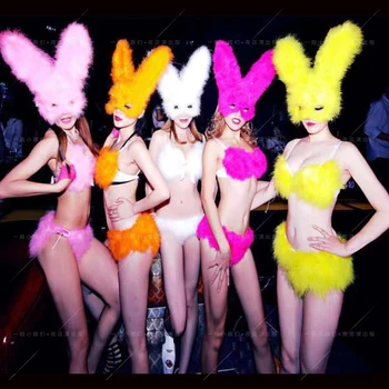 

Nightclub Bar Multicolor Feather Split Bikini Suit Party Sexy Bunny Girl DJ DS Dance Female Singer GOGO Cosplay Costume DL5661