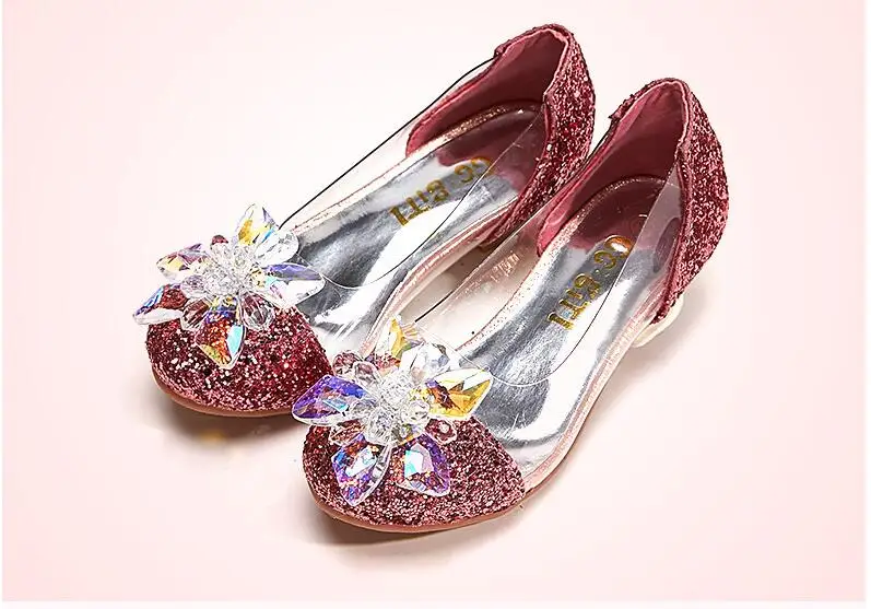 Модная обувь Золушки со стразами и яркими стразами; тонкие туфли принцессы для девочек; обувь на высоком каблуке для выступлений