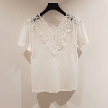

Women T-shirt Spring and Summer 2020 Women's V-neck Lace Hollow Lace Cotton T-shirt