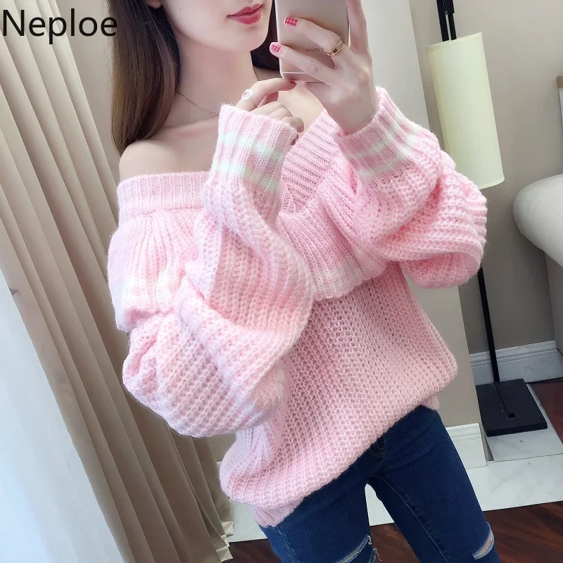 

Neploe 2019 Women Sweater Sweet Ruffled V-neck Long Sleeve Pull Jumpers Striped Casual Fashion Tops 2019 Autumn Knitwear 54749