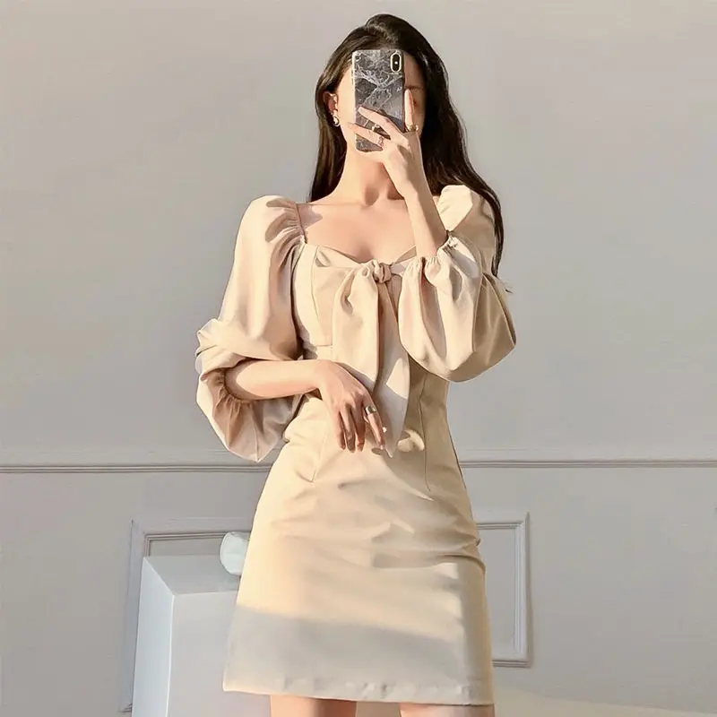 Long Sleeve Dresses Women Pure French Style Bow Cozy Empire Square Collar Retro All-match Mini Streetwear Elegant Vestidos Mujer mother of the bride dresses Dresses