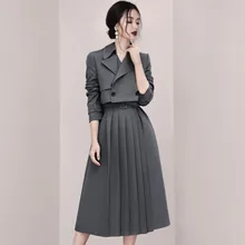 

High Quality Autumn Korean OL Office 2 Piece Set Women Short Coat + Fashion Drawstring Pleated Skirt Ladies Temperament Suits