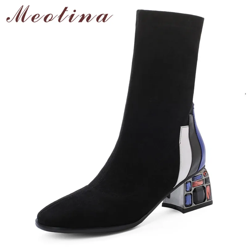 

Meotina Autumn Ankle Boots Women Rhinestone Thick High Heel Short Boots Slim Stretch Round Toe Shoes Lady Winter Big Size 33-43