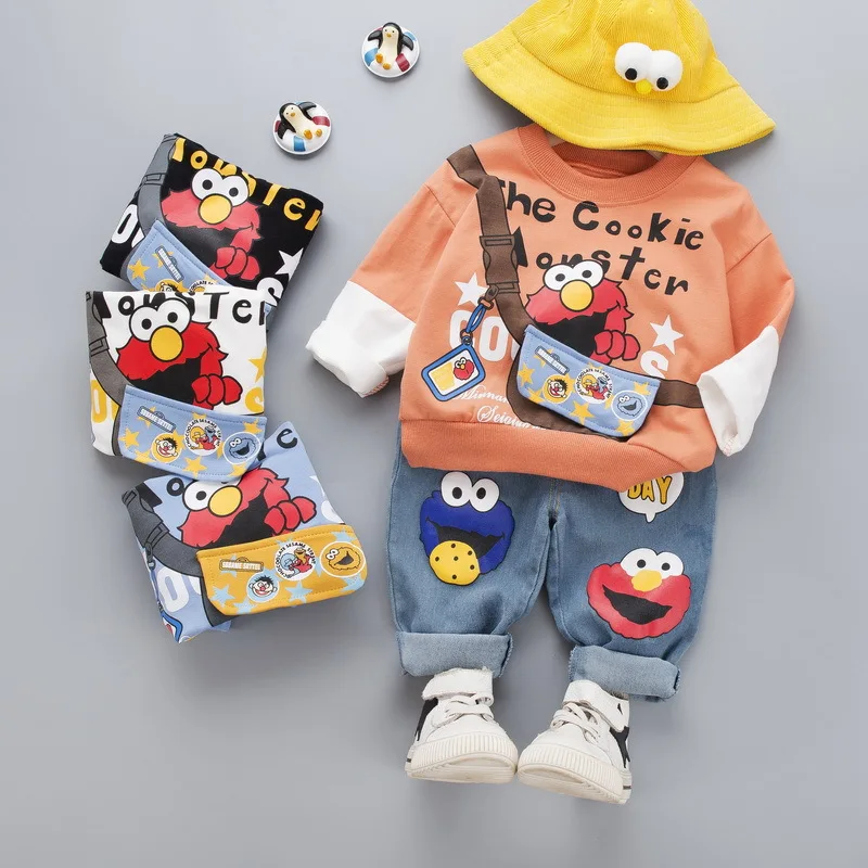 

2020 Korean-style 0-4-Year-Old Baby Cartoon Sesame Street Hoodie Jeans Two-Piece Set