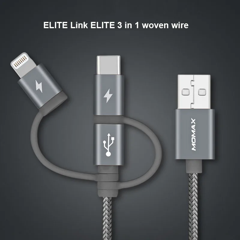 Кабель 3 в 1 Momax DX2 elite(Micro через lightning через USB c-30cm) Сертификация MFI apple три вида интерфейса Быстрая зарядка