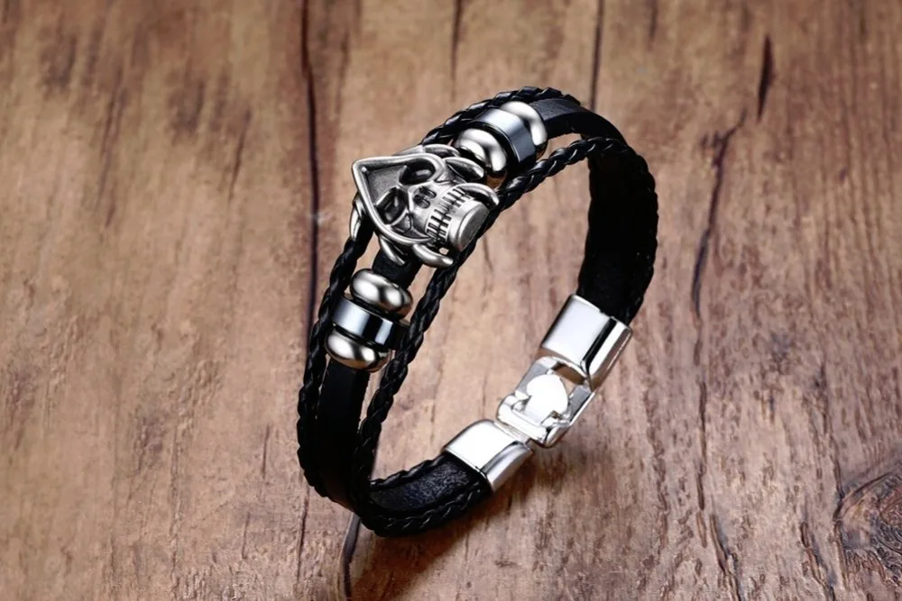 Mens Bracelets Braided Faux Leather & Skull Beaded Bracelet In Black Alloy Wristband Cuff Bangle Men Vintage Jewelry Accessories Pulseira Masculina 18