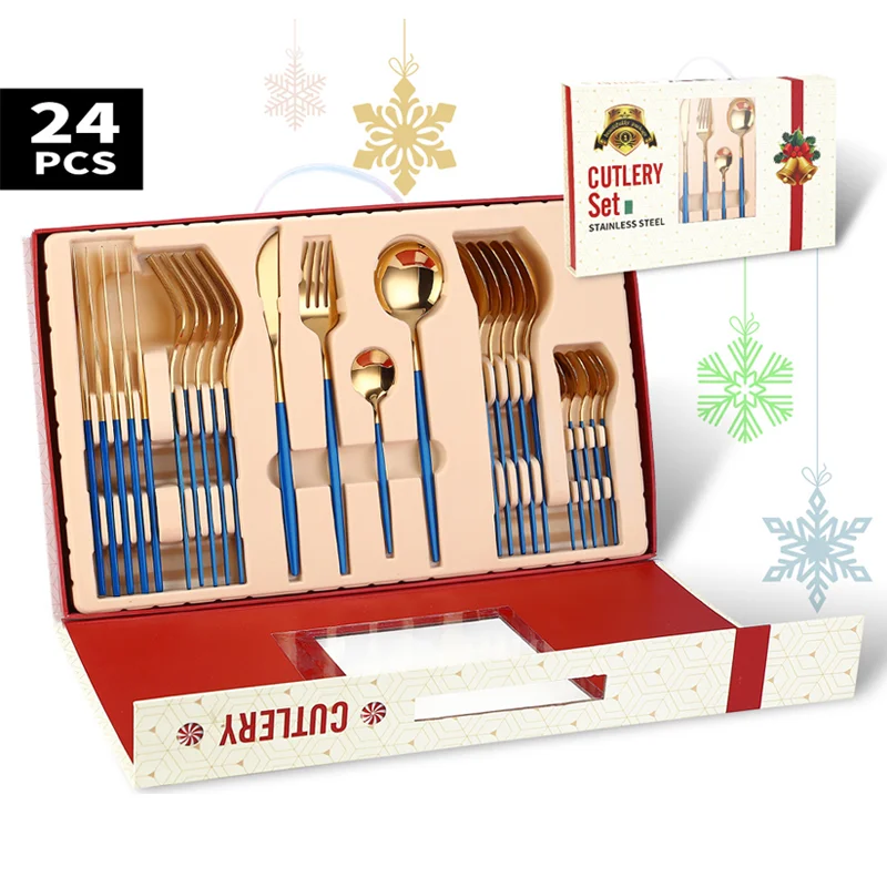 

24Pcs Gold Dinnerware Set 304 Stainless Steel Tableware Set Knife Fork Spoon Flatware Set Christmas Gift Cutlery Set Gift Box