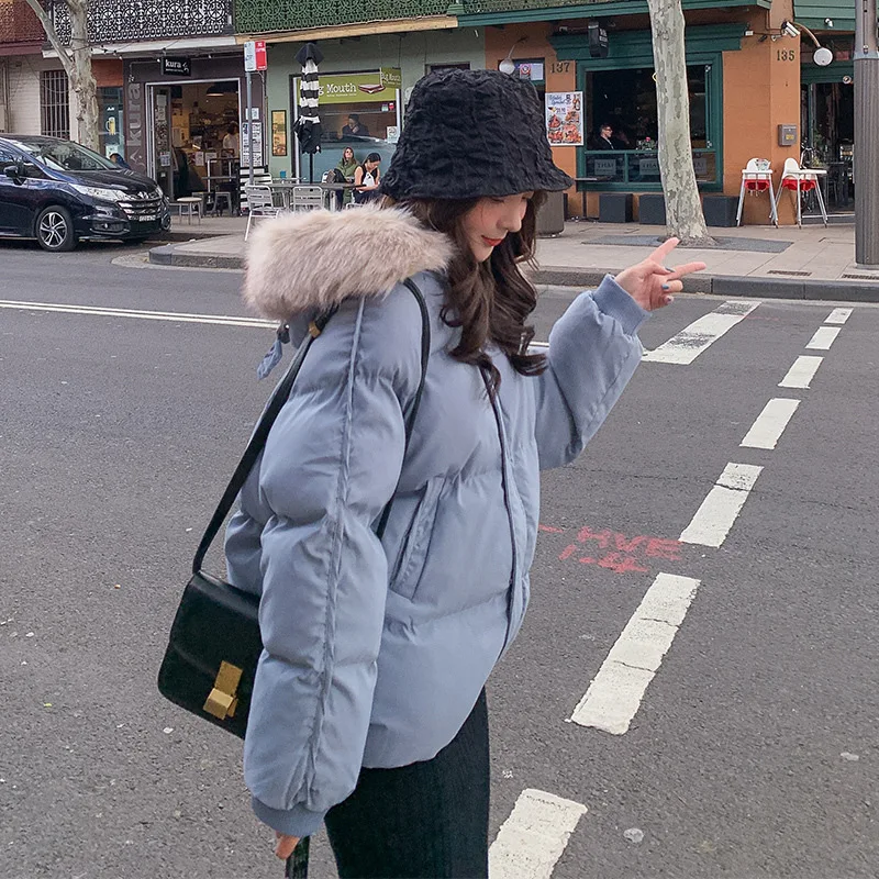 

2019 Winter New Style Solid Color Hooded Large Fur Collar Cotton-padded Clothes Women's Korean-style Loose-Fit Short-height Cott