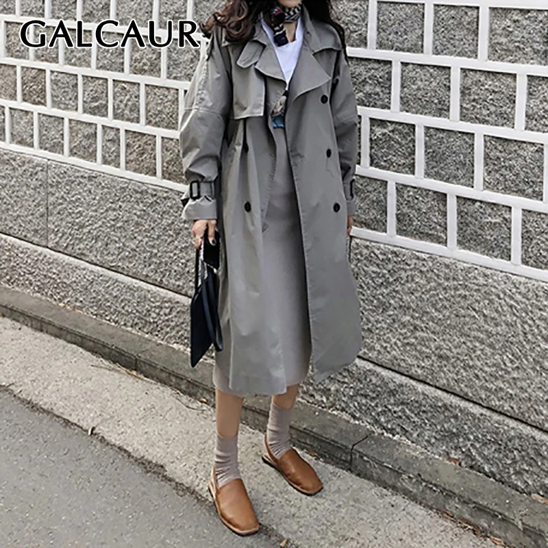 

GALCAUR Vintage Loose Women's Trench Lapel Collar Long Sleeve Slim Button Zipper Windbreaker Female 2019 Fashion Autumn New