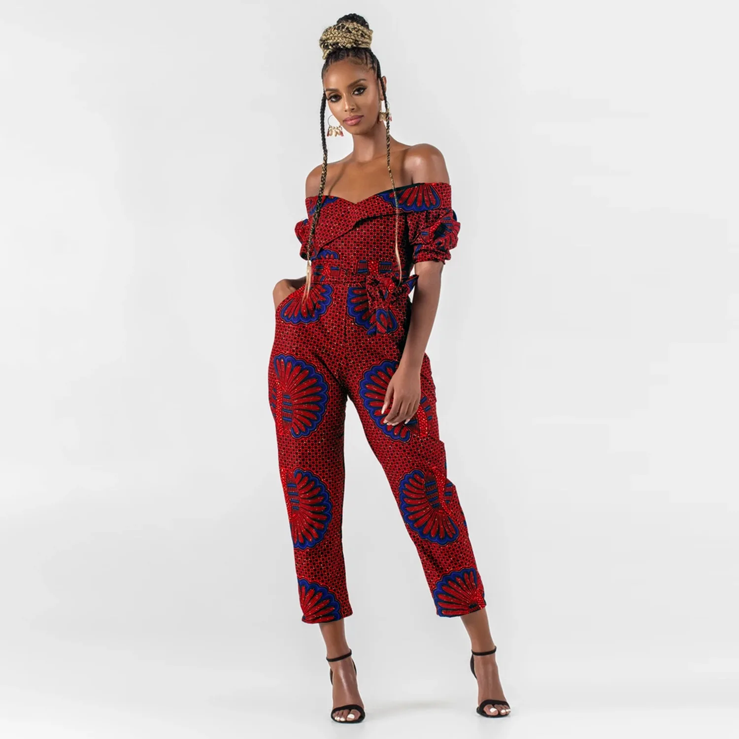 

2020 Explosion Print Women's Off-the-shoulder Off-Shoulder Mid-Sleeve Strap Jumpsuit