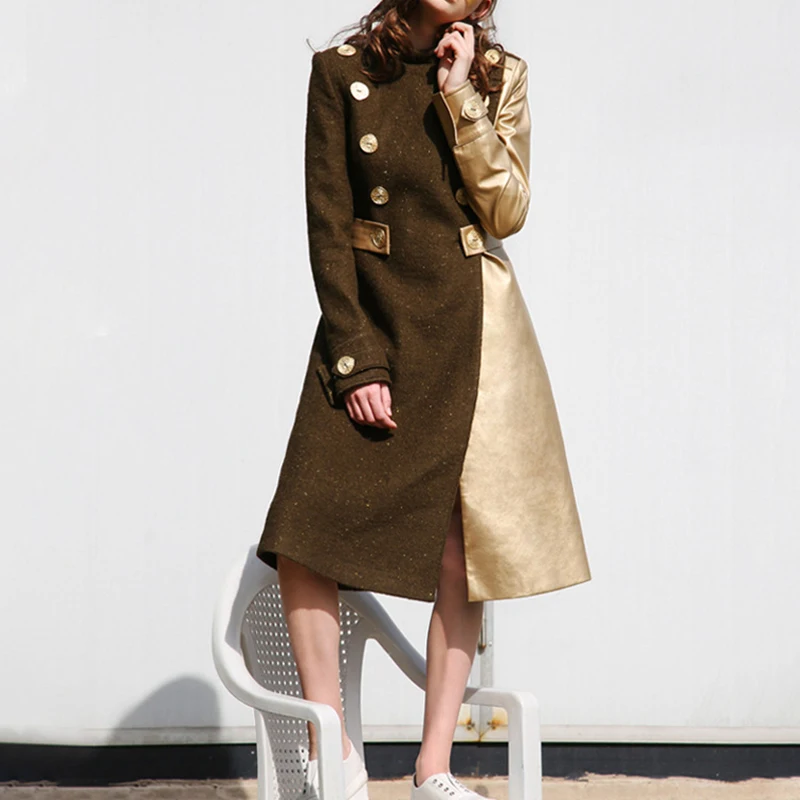 

TOP QUALITY Newest Runway 2019 Baroque Designer Coat Women's Faux Leather Patchwork Wool Blend Long Coat