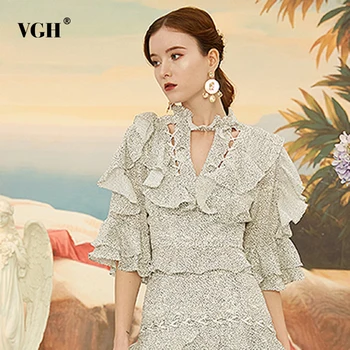 

VGH Patchwork Ruffle Wave Point Hollow Out Women's Blouse O Neck Half Sleeve Backless Shirts Female 2020 Autumn Fashion New