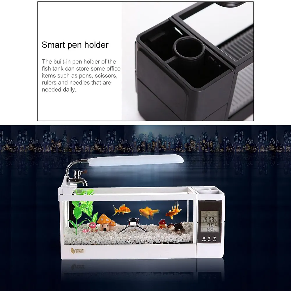 Mini Plastic Fish Tank Portable Desktop Aquaponic Aquarium Betta Fish Bowl with Water Filtration LED & Quiet Air Pump for Decor