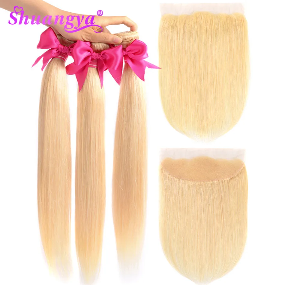 613 блондинка прямые перуанские волосы Weave Связки с синтетическое закрытие волос человеческие волосы 3 Связки с фронтальной Remy