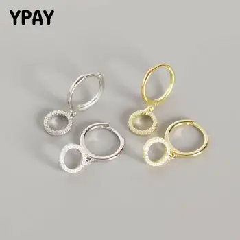 

YPAY Genuine 925 Sterling Silver Hoop Earrings Women Japan Korea Trendy Zircon Round Circle Pendant Earring Fine Jewelry YME533