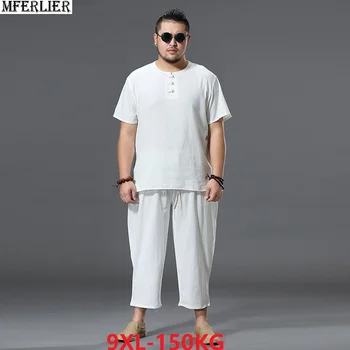 

Summer plus size 7XL 8XL 9XL Men Short Sleeve T-shirt with pants set tang suit tees linen Chinese style oversize vintage tshirt