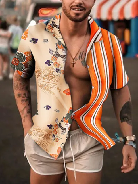 Summer New Men's Clothing European American Retro Trend Shirt Cardigan Single-Breasted Men's Short Sleeve Printing Shirt OK36