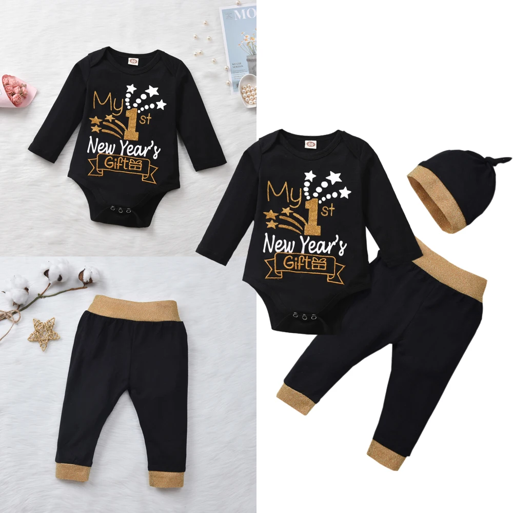 Одежда для малышей 0-24 месяцев с надписью «My First new year», Рождественский комплект одежды для новорожденных девочек и мальчиков, комбинезон с надписью+ штаны+ шапочка