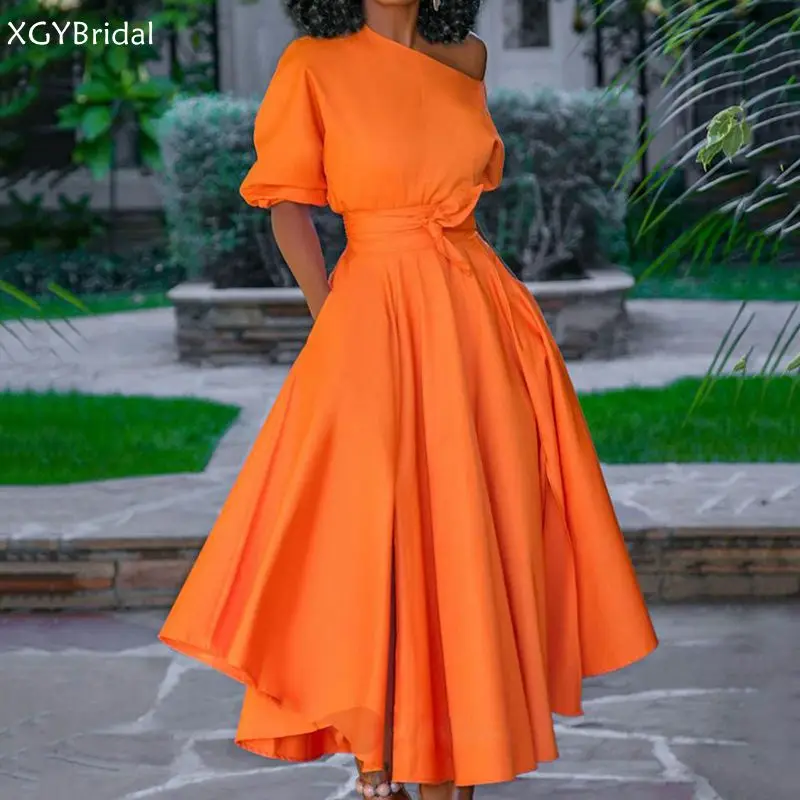

Женское длинное плиссированное платье, элегантное оранжевое вечернее платье средней длины на одно плечо с поясом и рукавом до локтя, на лето