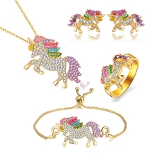 Qilmily простой красочный Единорог инкрустированный набор из циркония ожерелье и браслет для женщин девочек золото тянуть регулируемые ювелирные изделия подарок сувениры