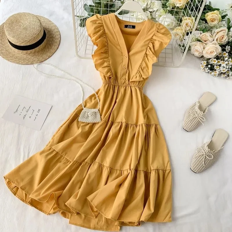 Elegant Women Midi Dress Fashion Summer Button A Line Sleeveless Ruffles Button High Waist Female Beach Vestidos New