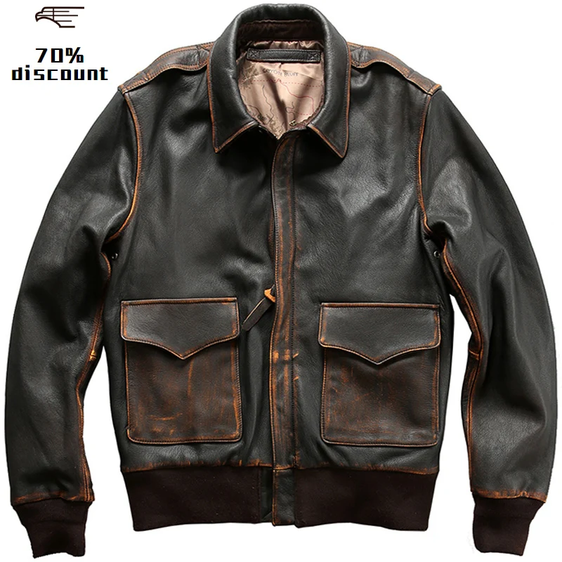 

2020 Vintage Brown Men USAF A2 Pilot Leather Jacket Map Lining Genuine Sheepskin Autumn Military Aviator Slim Fit Leather Coat