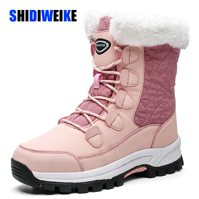 

2019 Fashion Winter Shoes Woman Pink Leather Boots Women Platform Snow Boots Lace Up Flat with Fur Warm Hot Sale Large Size g928