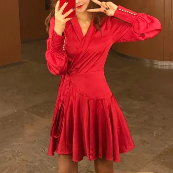 

Elegant A Line Long Sleeve Dress Women Sexy V Neck Lantern Sleeve Ruffle Sash Mini Wrap Dress Ladies Silk Satin Dress Vestidos